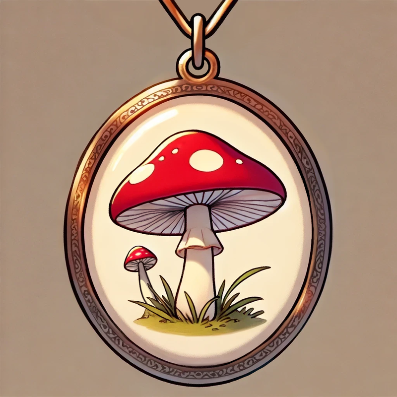 The toadstool pendant that was gifted to Ryder by Reuben and Evan in the solo entitled, “Poison No More”.